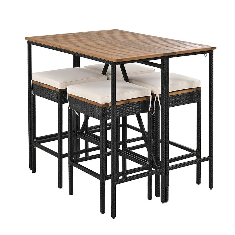 Ensemble de salle à manger d'extérieur 5 pièces en bois avec coussins et plateau de table pliable