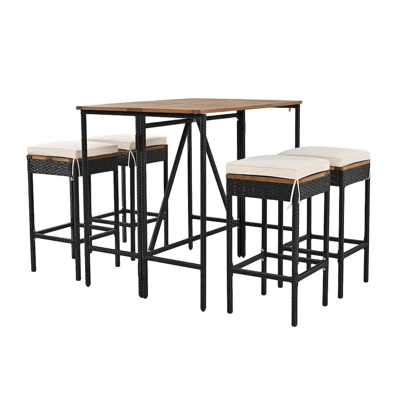 Ensemble de salle à manger d'extérieur 5 pièces en bois avec coussins et plateau de table pliable