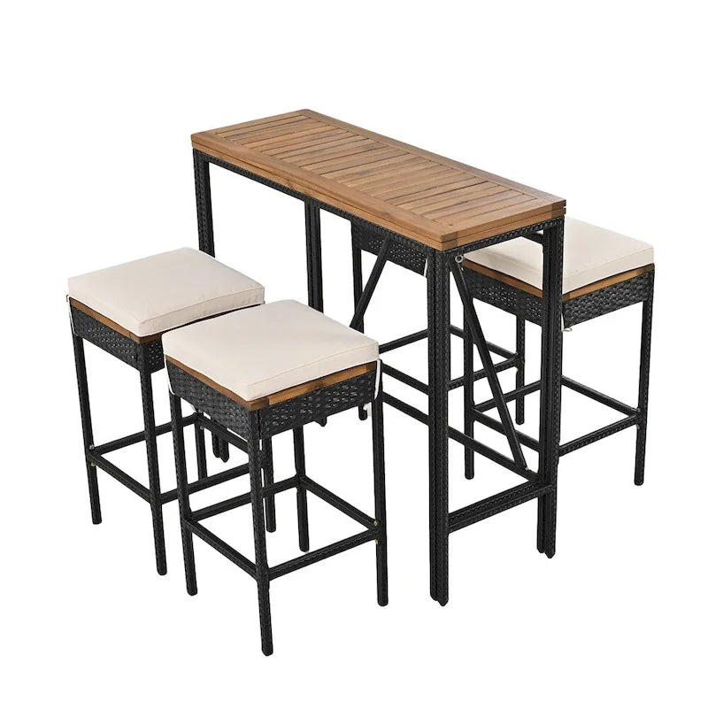 Ensemble de salle à manger d'extérieur 5 pièces en bois avec coussins et plateau de table pliable