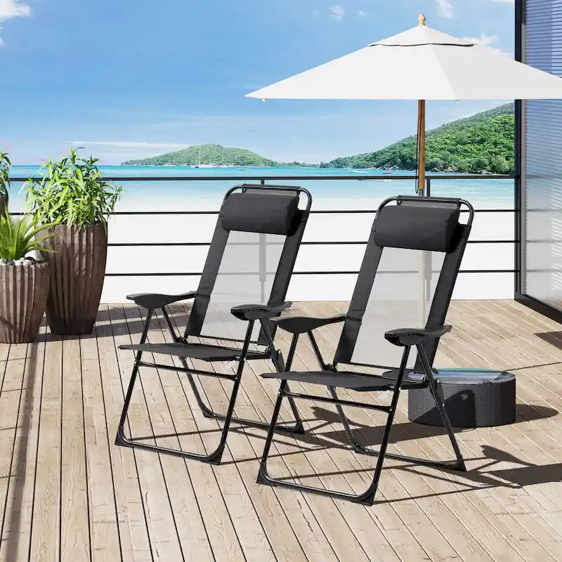 2-Piece Outdoor Folding Patio Chairs with Adjustable Sling Back, Camping Chair with Removable Headrest