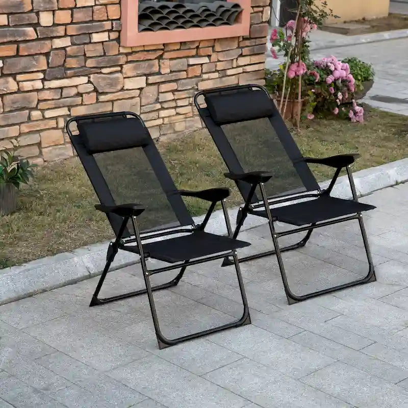 Chaises de Patio Pliantes d'Extérieur (Lot de 2) avec Dossier Inclinable et Têtière Amovible, Chaises de Camping