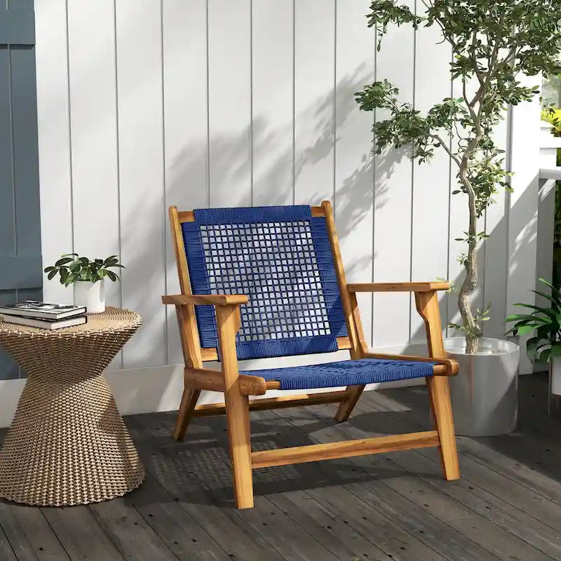 Modern Acacia Wood Adirondack Chair with PP Rope Weave, Patio Fire Pit Chair with High Backrest Support, Dark Blue