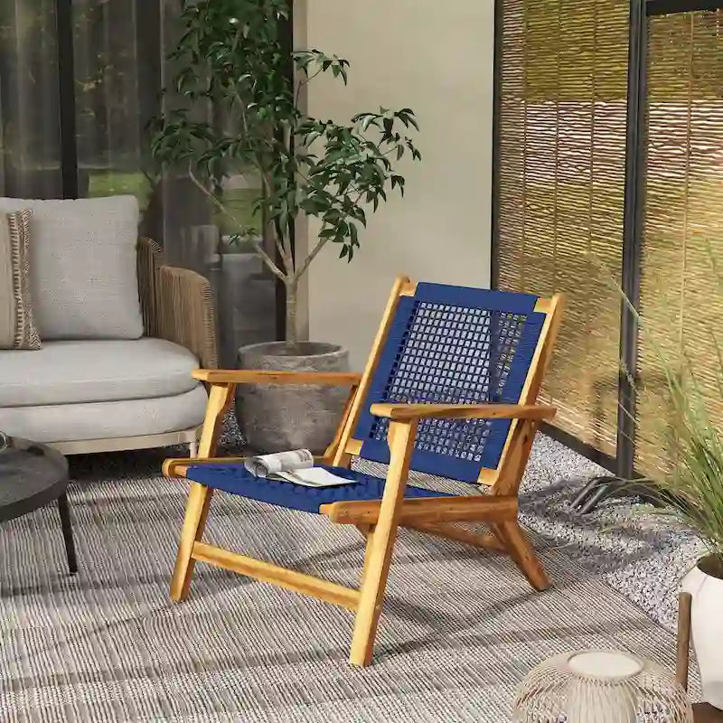 Chaise Adirondack moderne en bois d'acacia avec tressage en corde de PP, chaise de patio pour foyer avec dossier haut, bleu foncé