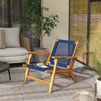 Chaise Adirondack moderne en bois d'acacia avec tressage en corde de PP, chaise de patio pour foyer avec dossier haut, bleu foncé