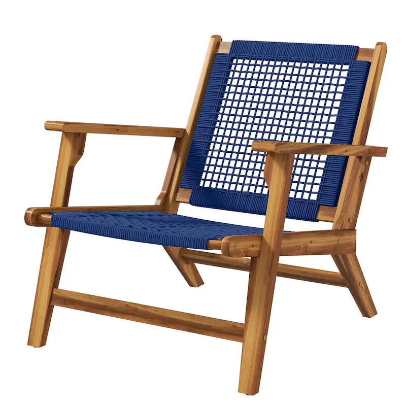 Chaise Adirondack moderne en bois d'acacia avec tressage en corde de PP, chaise de patio pour foyer avec dossier haut, bleu foncé