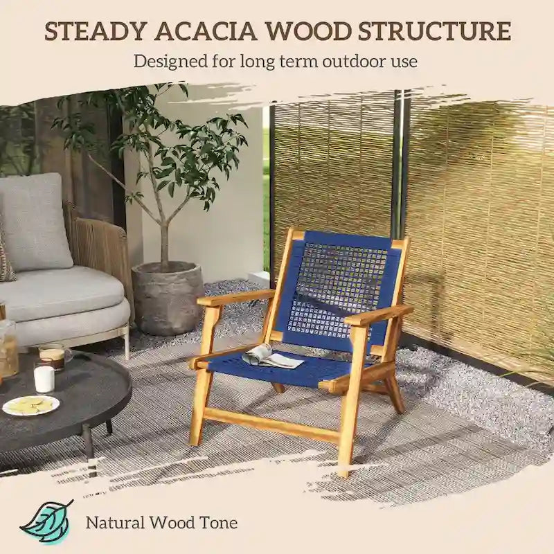 Chaise Adirondack moderne en bois d'acacia avec tressage en corde de PP, chaise de patio pour foyer avec dossier haut, bleu foncé