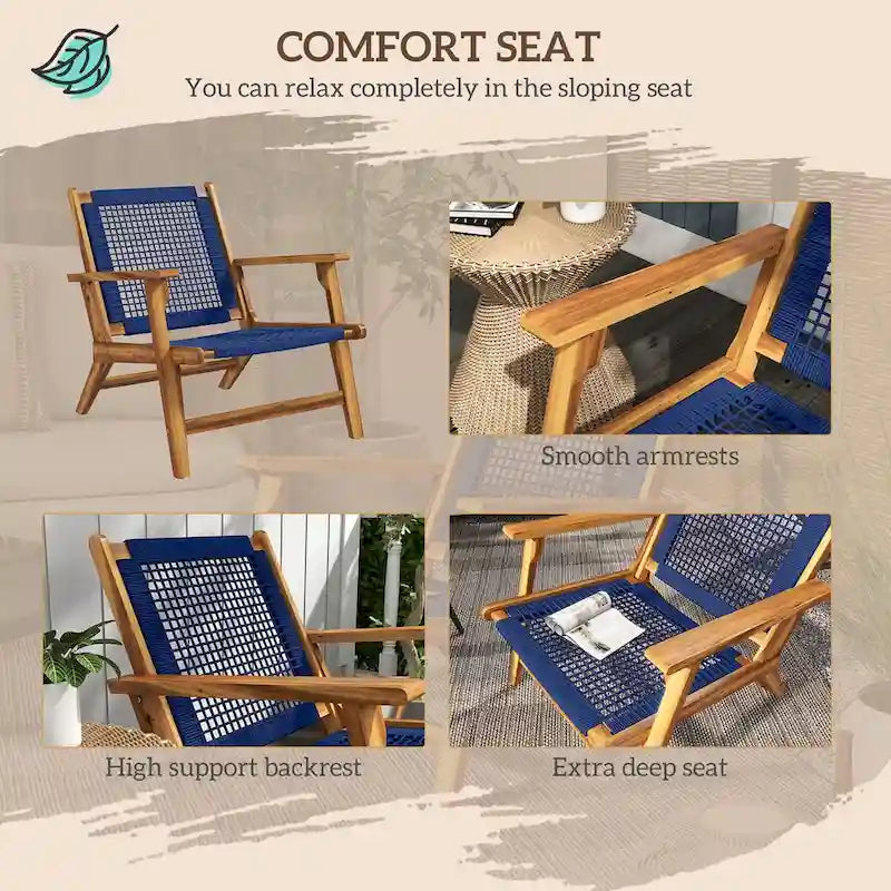 Chaise Adirondack moderne en bois d'acacia avec tressage en corde de PP, chaise de patio pour foyer avec dossier haut, bleu foncé
