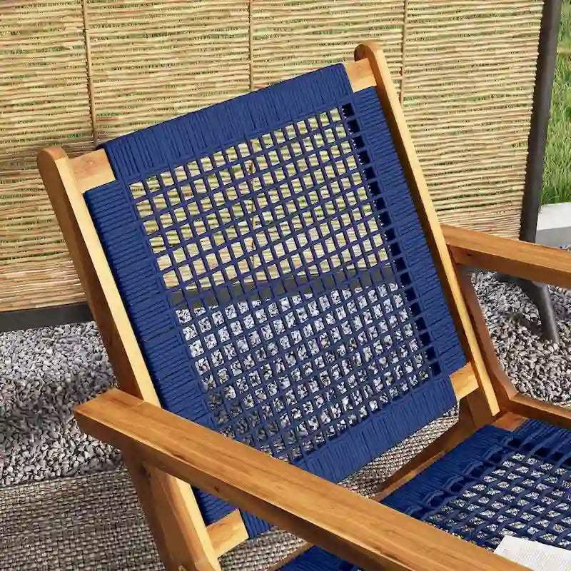 Chaise Adirondack moderne en bois d'acacia avec tressage en corde de PP, chaise de patio pour foyer avec dossier haut, bleu foncé