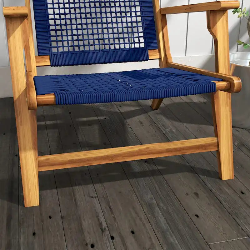 Chaise Adirondack moderne en bois d'acacia avec tressage en corde de PP, chaise de patio pour foyer avec dossier haut, bleu foncé