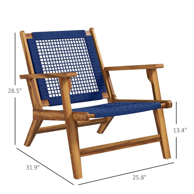 Chaise Adirondack moderne en bois d'acacia avec tressage en corde de PP, chaise de patio pour foyer avec dossier haut, bleu foncé