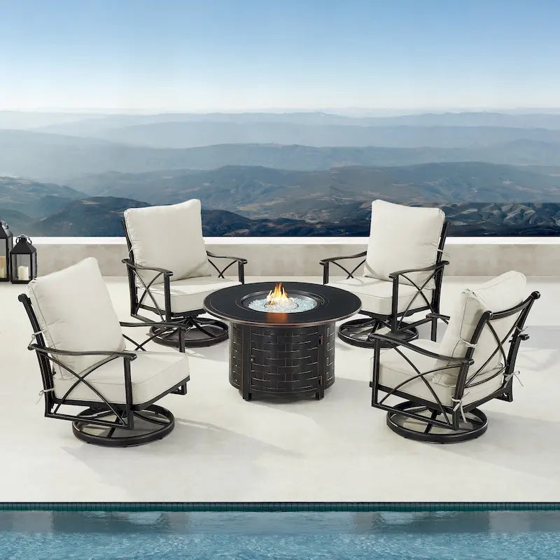 Ensemble table brasero en aluminium noir avec quatre fauteuils de club
