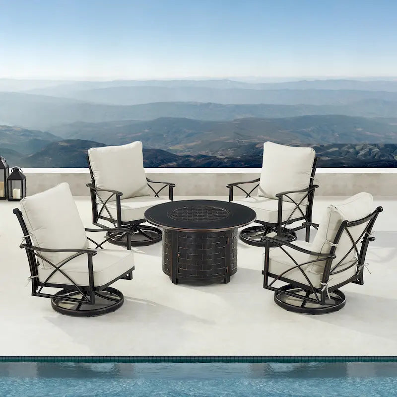 Ensemble table brasero en aluminium noir avec quatre fauteuils de club