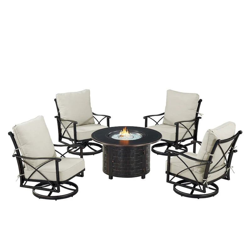 Ensemble table brasero en aluminium noir avec quatre fauteuils de club