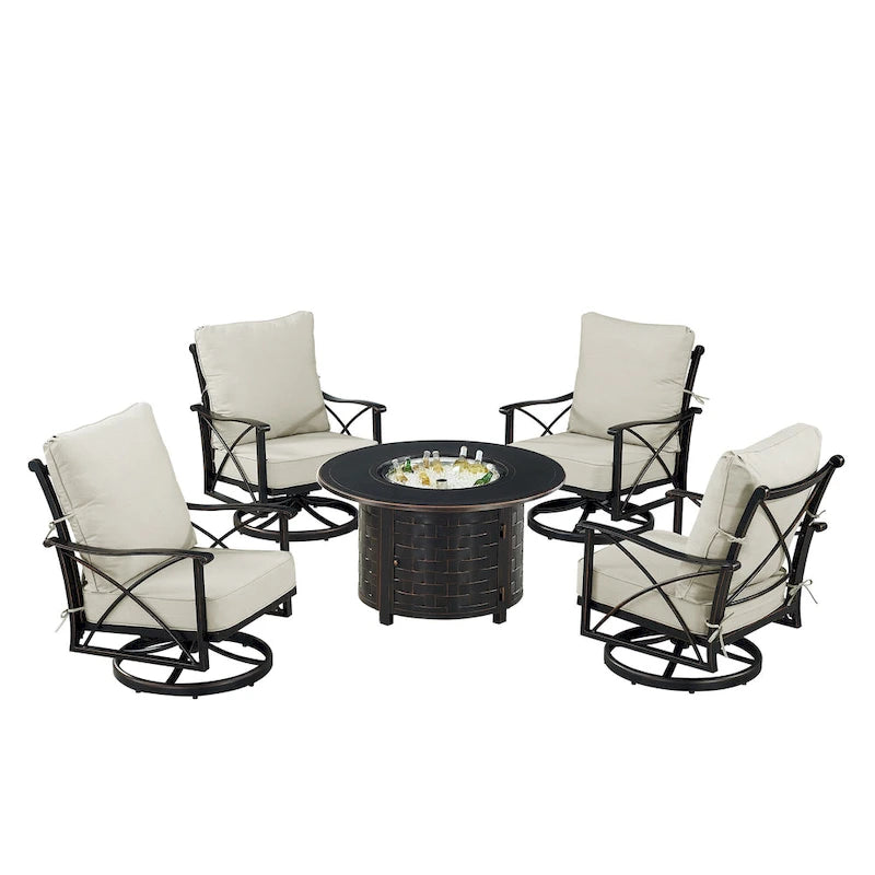 Ensemble table brasero en aluminium noir avec quatre fauteuils de club