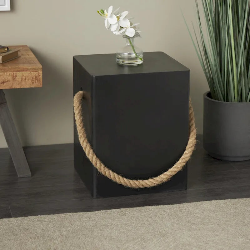 Table d'appoint d'extérieur légère en oxyde de magnésium avec poignée en corde - Noir ou blanc - Roche River Decor