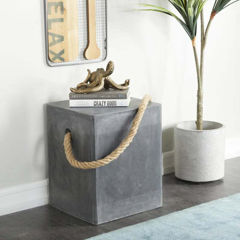 Table d'appoint d'extérieur légère en oxyde de magnésium avec poignée en corde - Noir ou blanc - Roche River Decor
