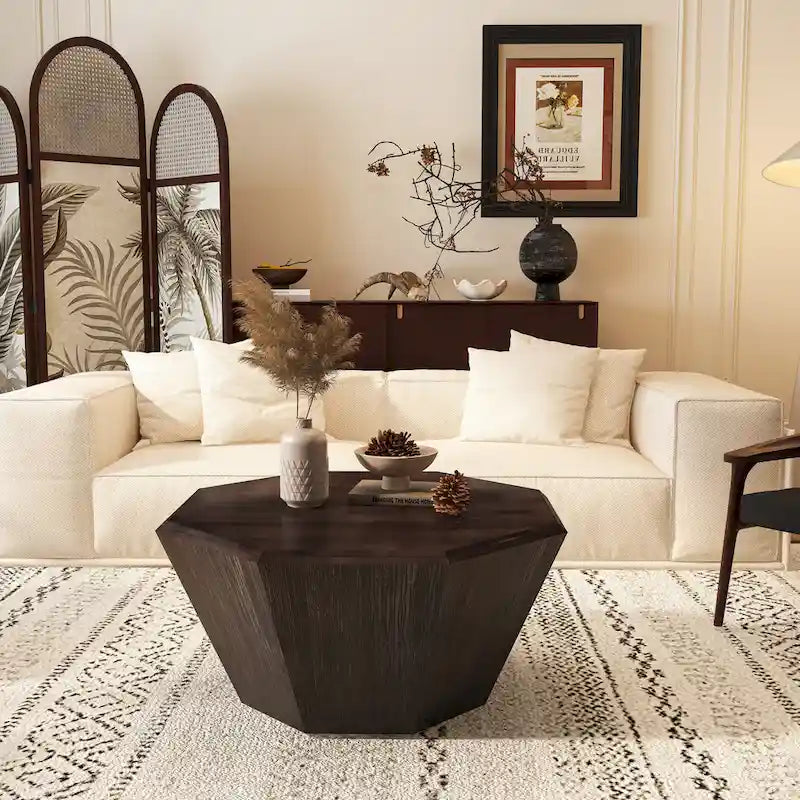 Élégance moderne au charme classique, table basse octogonale en bois massif de 80 cm pour salon ou chambre à coucher