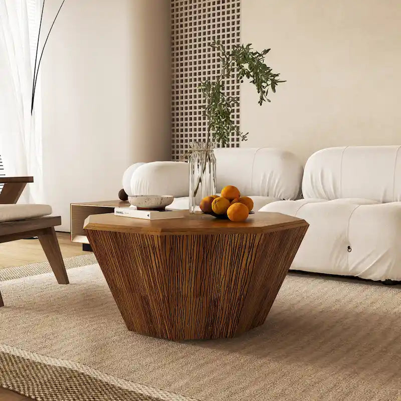 Élégance moderne au charme classique, table basse octogonale en bois massif de 80 cm pour salon ou chambre à coucher