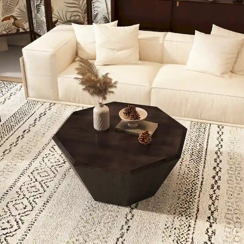 Élégance moderne au charme classique, table basse octogonale en bois massif de 80 cm pour salon ou chambre à coucher
