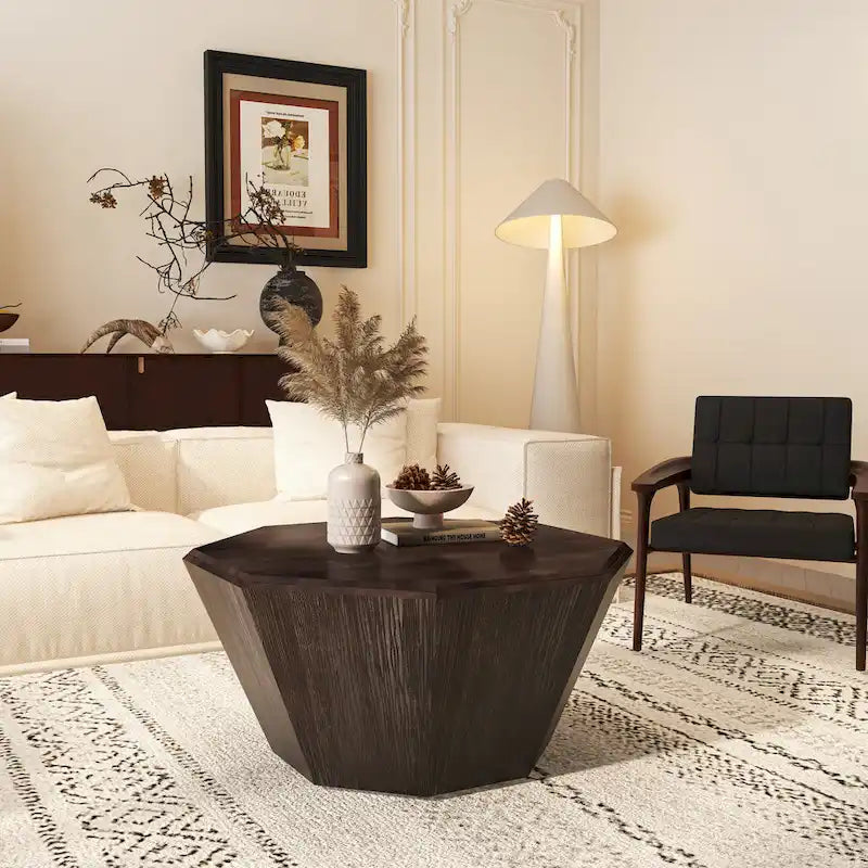 Élégance moderne au charme classique, table basse octogonale en bois massif de 80 cm pour salon ou chambre à coucher