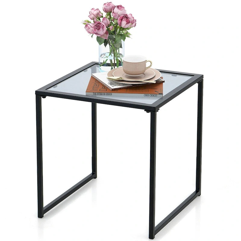 Table d'appoint de jardin extérieure avec plateau en verre trempé 17 po