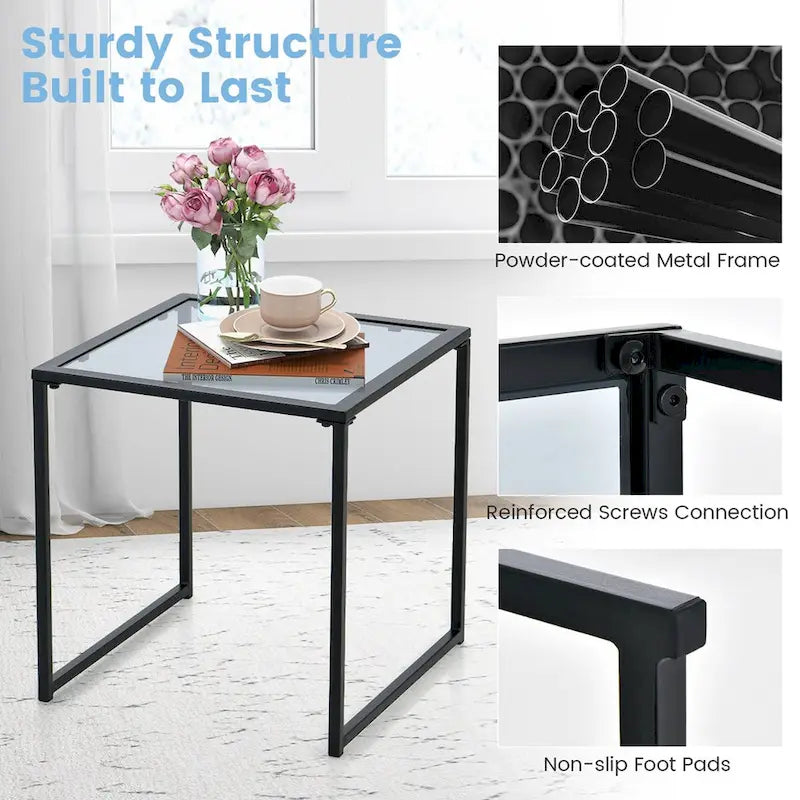 Table d'appoint de jardin extérieure avec plateau en verre trempé 17 po