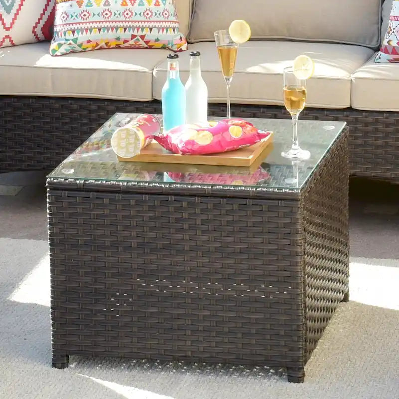 Table basse d'extérieur XIZZI en rotin et osier avec plateau en verre