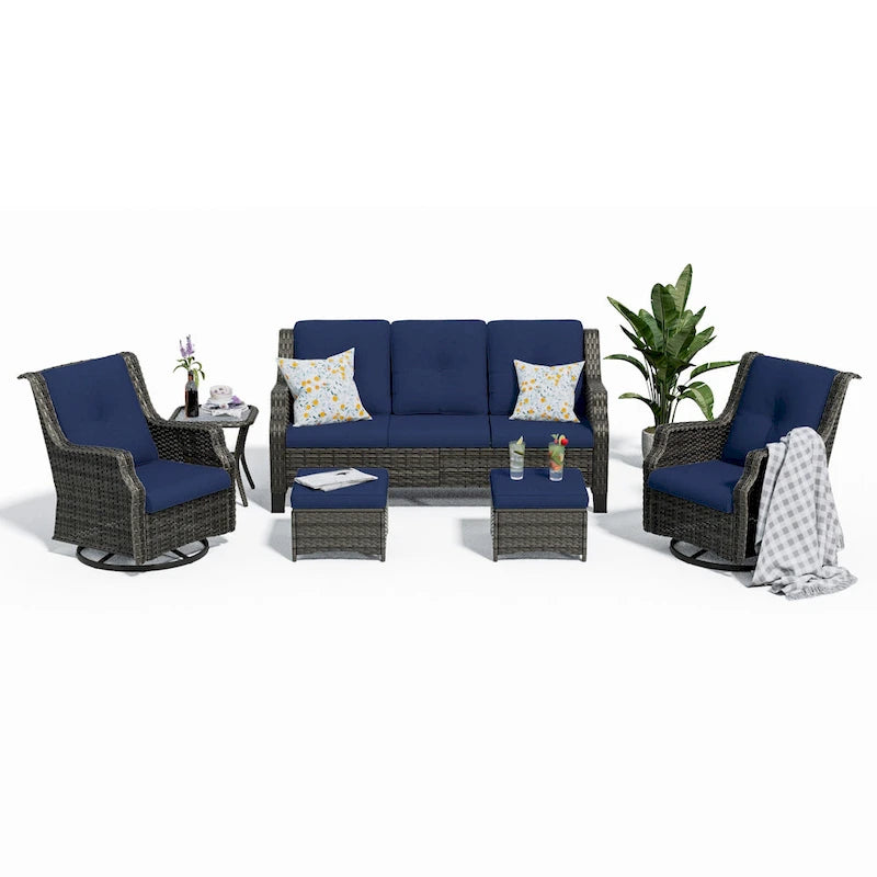 Cozywor Ensemble de conversation de 6 fauteuils pivotants à bascule en osier pour patio extérieur avec table d'appoint et ottoman