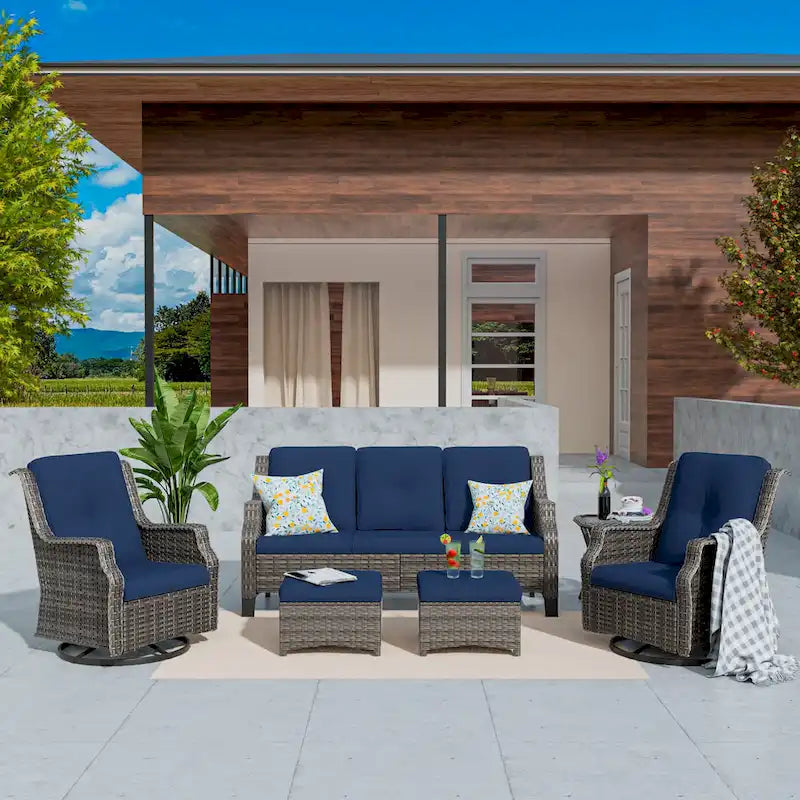 Cozywor Ensemble de conversation de 6 fauteuils pivotants à bascule en osier pour patio extérieur avec table d'appoint et ottoman