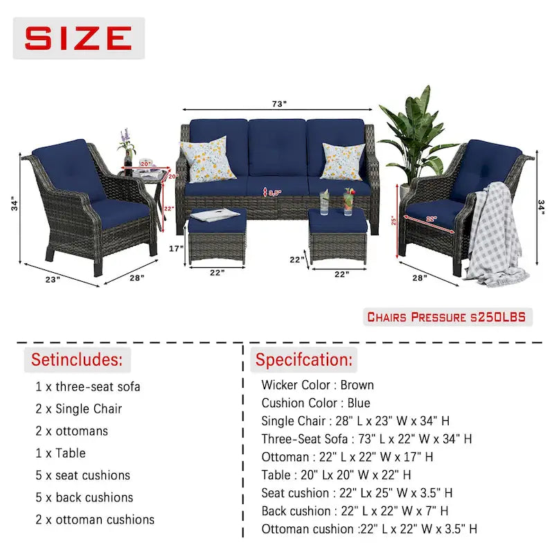Cozywor Ensemble de conversation de 6 fauteuils pivotants à bascule en osier pour patio extérieur avec table d'appoint et ottoman