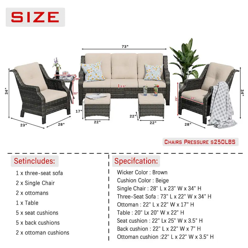 Cozywor Ensemble de conversation de 6 fauteuils pivotants à bascule en osier pour patio extérieur avec table d'appoint et ottoman