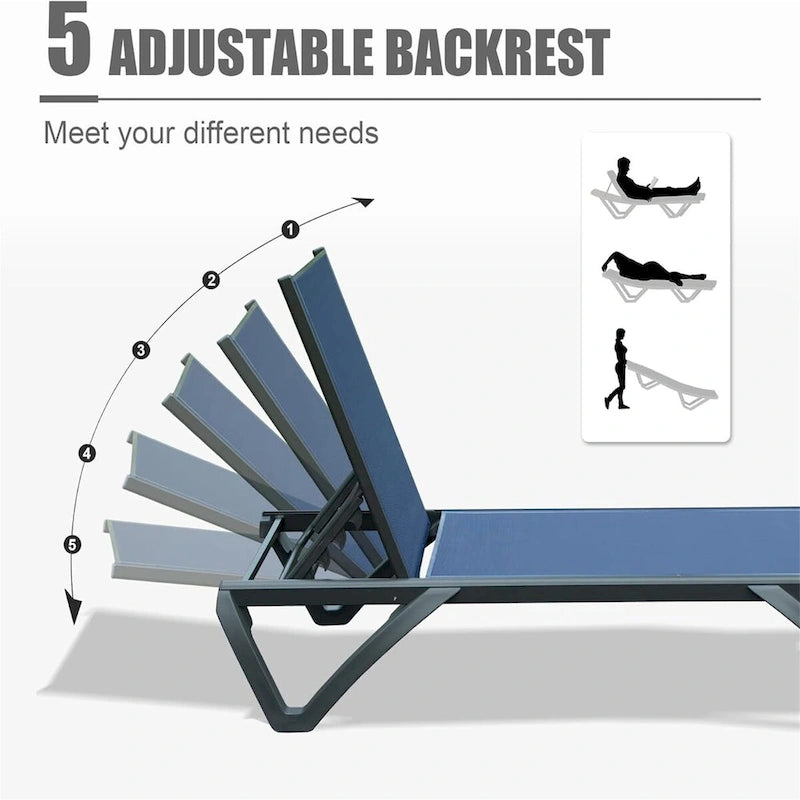 Chaise longue, 2 chaises longues de patio avec dossier réglable à 5 positions et roues, chaise inclinable tout temps