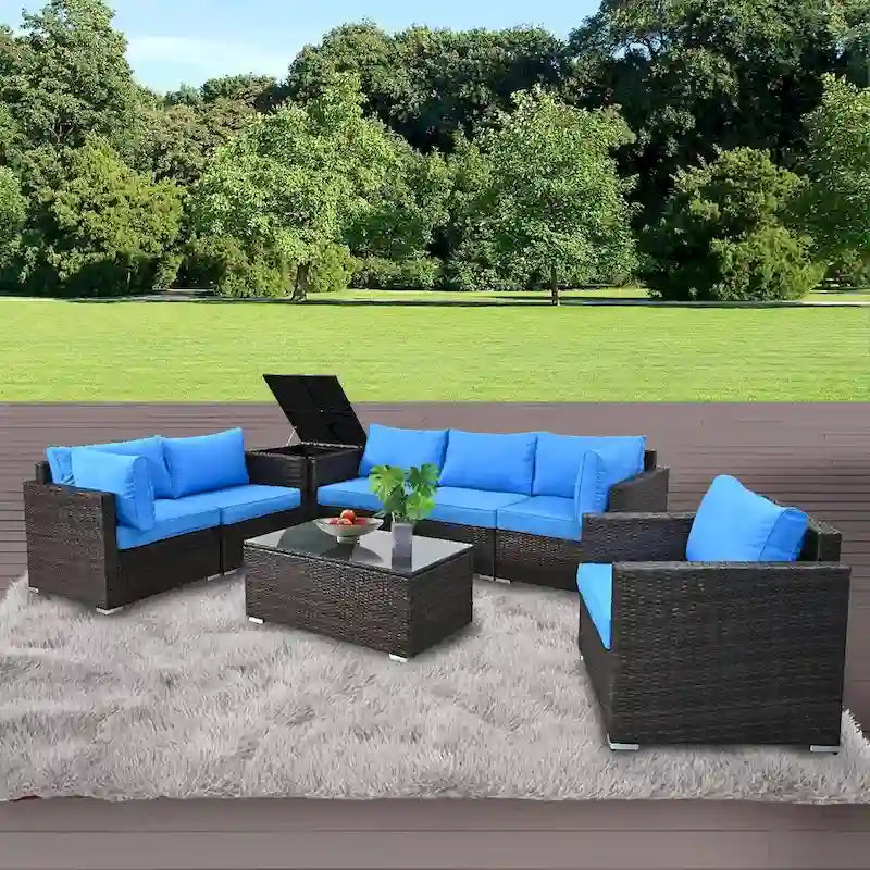 Ensemble de salon de jardin 8 pièces en osier marron avec table basse en verre