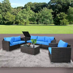 Ensemble de salon de jardin 8 pièces en osier marron avec table basse en verre
