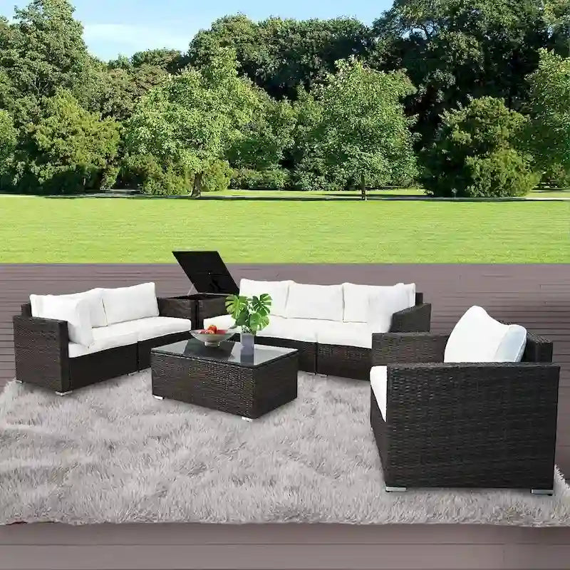 Ensemble de salon de jardin 8 pièces en osier marron avec table basse en verre