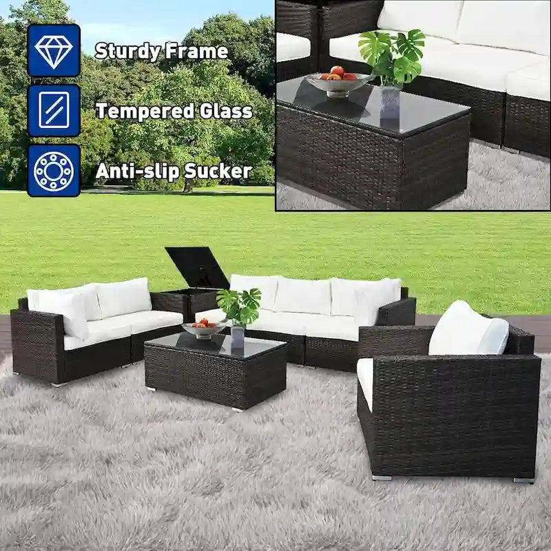Ensemble de salon de jardin 8 pièces en osier marron avec table basse en verre