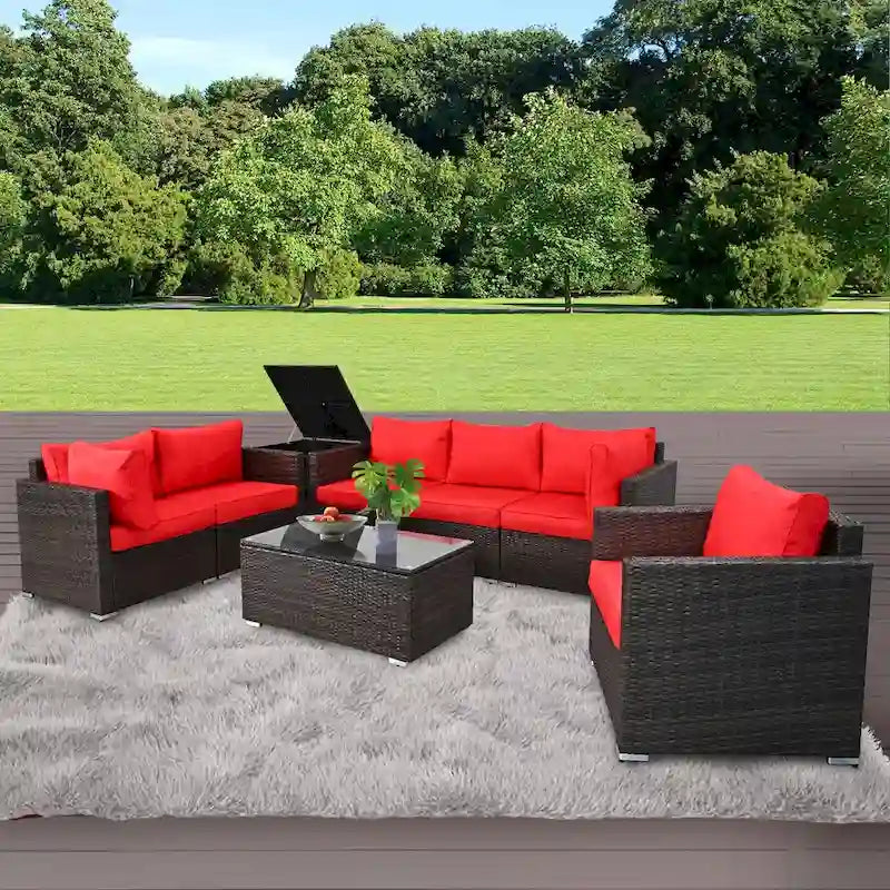Ensemble de salon de jardin 8 pièces en osier marron avec table basse en verre