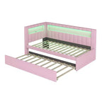 Lit de repos double/complet avec tiroir gigogne et tête de lit bibliothèque en L, lit d'angle doux rembourré en lin avec étagères de rangement et bande LED