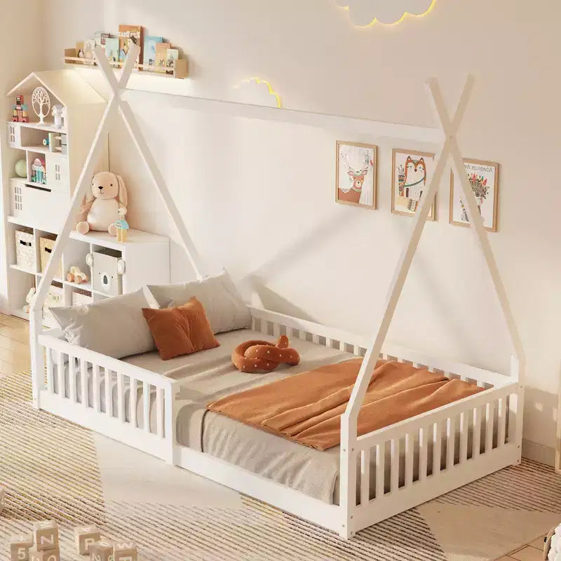 Lit de sol pour enfants, lits cabane doubles, lit de sol Montessori avec lattes et barrières de protection, cadre de lit cabane en bois pour garçons et filles