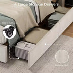 CuisinSmart Cadre de lit en velours côtelé avec tête de lit, cadre de lit rembourré avec plateforme, 4 tiroirs de rangement et support à lattes en bois