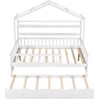 Acekool Lit cabane grandeur nature avec lit gigogne double, tiroirs de rangement et étagères, toit et clôture, lit plateforme pour enfants, blanc