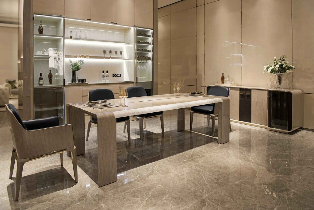 Table à manger rectangulaire en marbre très brillant pour intérieurs modernes haut de gamme