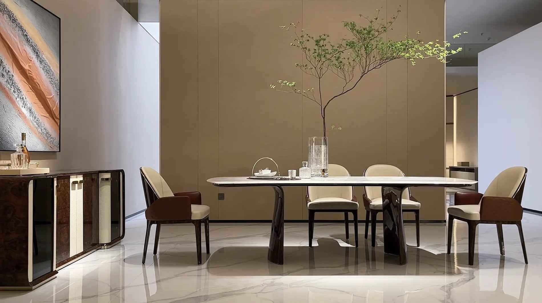 Table à manger moderne en marbre longue avec base en bois