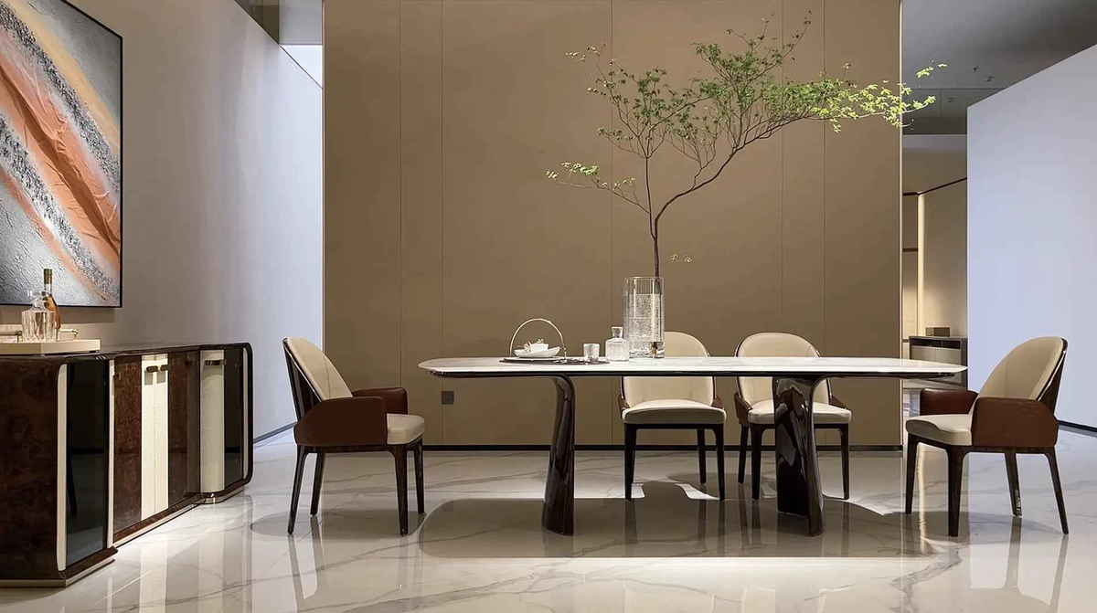Table à manger moderne en marbre avec piètement en bois - Table à manger Bentley Style Aldford Long W015D1