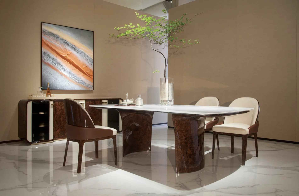Table à manger moderne en marbre longue avec base en bois