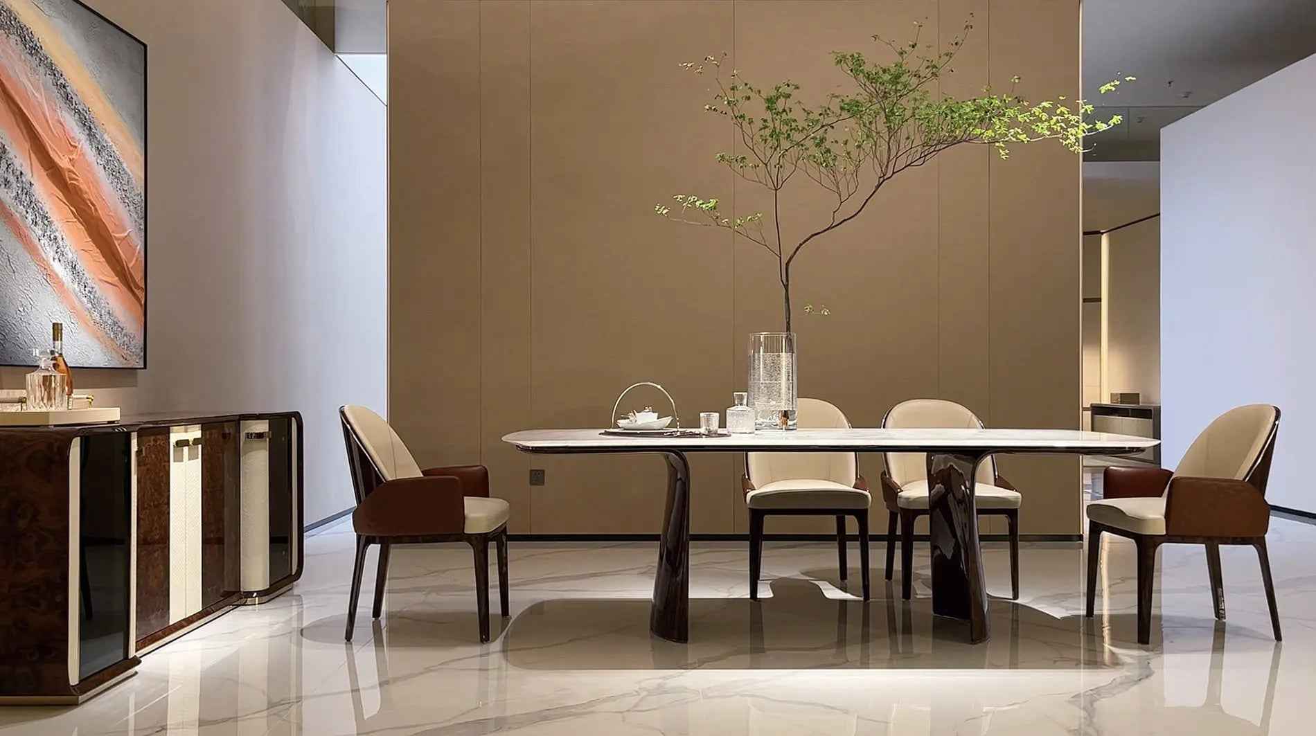 Table à manger moderne en marbre longue avec base en bois