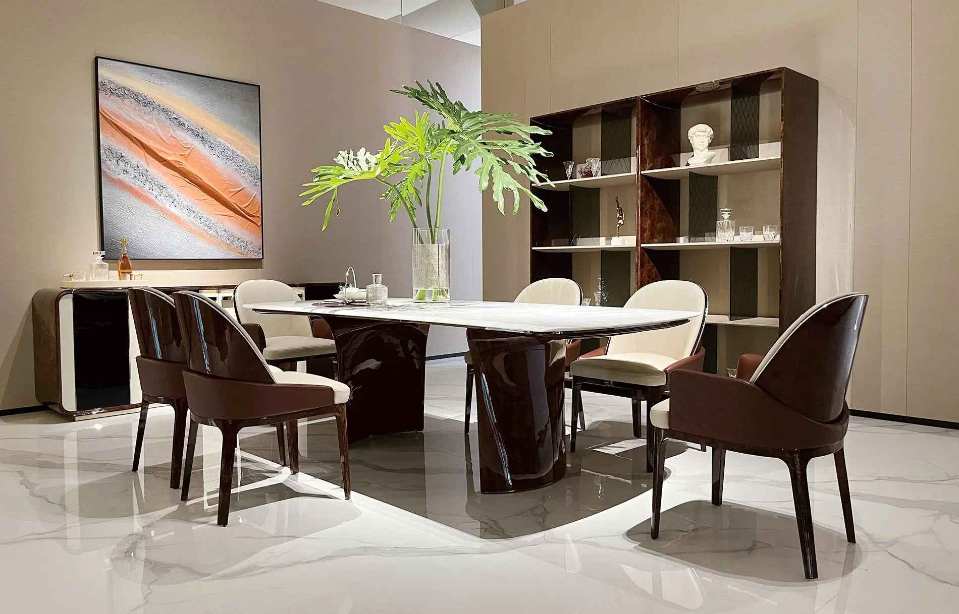 Table à manger moderne en marbre longue avec base en bois
