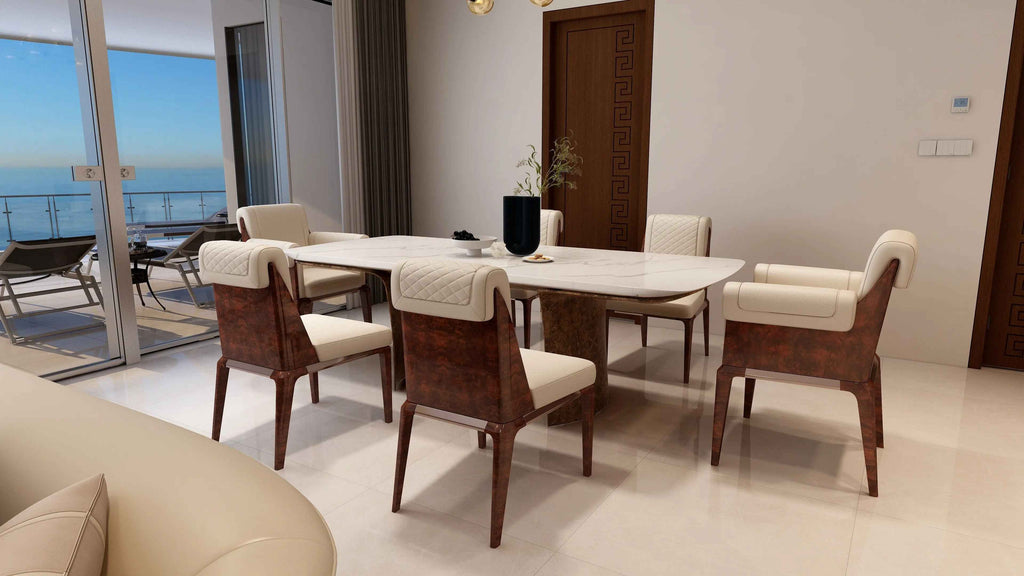 Table à manger moderne en marbre longue avec base en bois