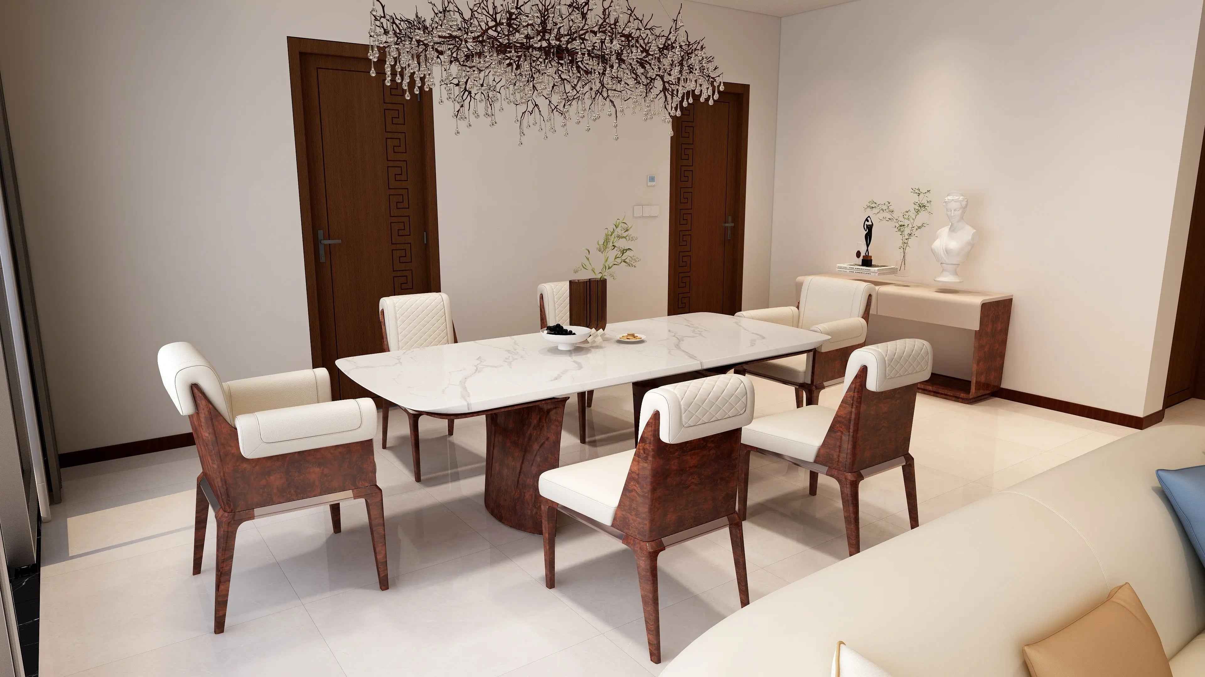 Table à manger moderne en marbre longue avec base en bois