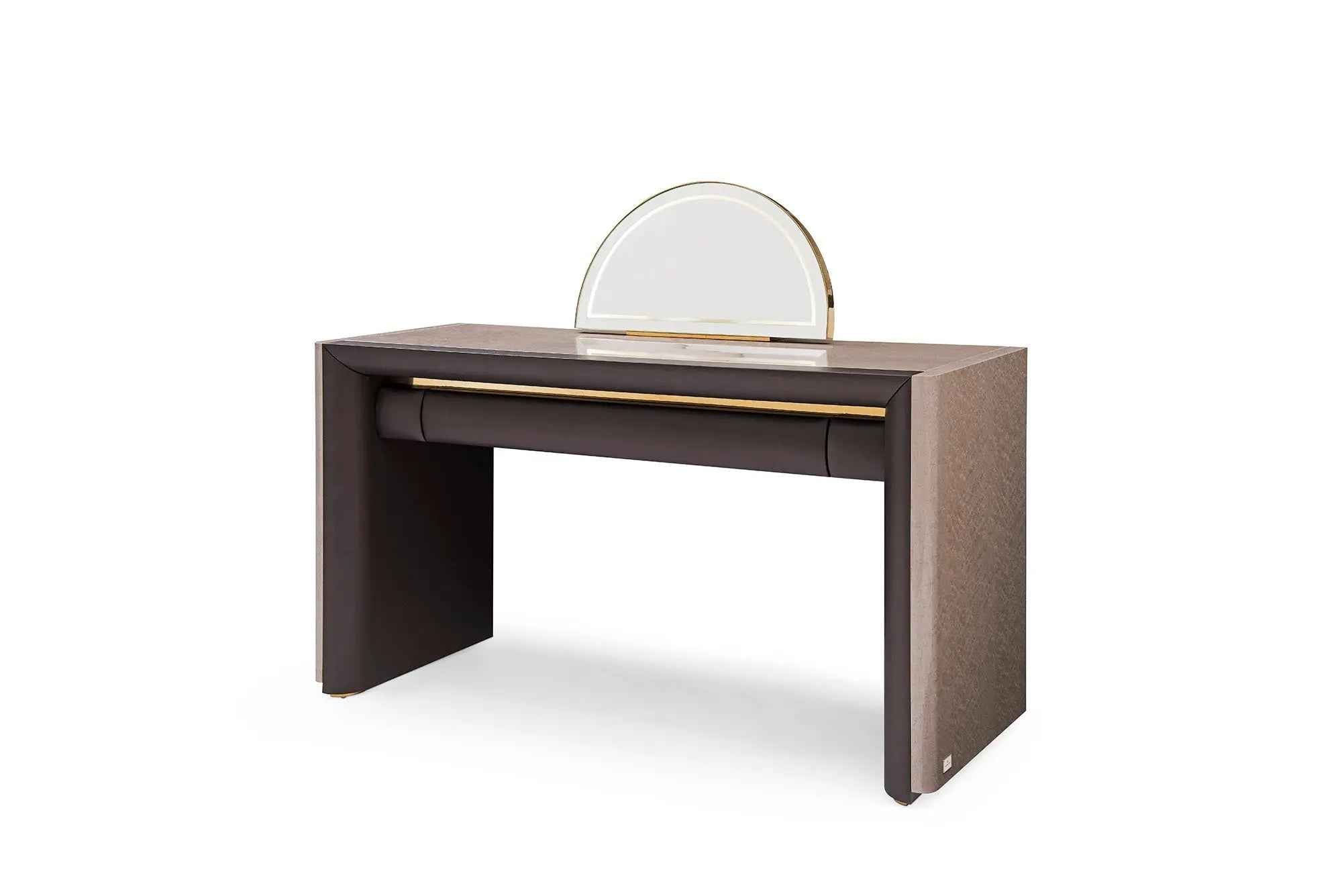 Coiffeuse de luxe moderne avec miroir demi-lune et tiroir en cuir